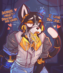 1_missing_limb after_sex amputee anthro biped bodily_fluids bow_tie cum cum_in_mouth cum_inside cum_on_face detailed_background dialogue disability genital_fluids heart_symbol inside machine male missing_arm solo text wounded dimwitdog animatronic domestic_cat felid feline felis mammal robot 2022 absurd_res digital_media_(artwork) english_text hi_res