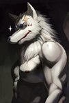 abs anthro biceps black_eyebrows black_nose canine_ears eyebrows facial_scar fur grinning_at_viewer lips looking_at_viewer male mature_male muscular muscular_male neck_tuft nipples pecs red_lips scar simple_background solo tail tuft whiskers white_body white_fur yellow_eyes inubikko gingitsune gintaro canid canine fox mammal colored digital_media_(artwork) portrait shaded