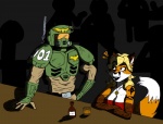 alcohol anthro armor astra_militarum bar beverage breasts clothed clothing dominant dominant_human dominant_male duo_focus female food fully_clothed group imperial_guard kasrkin male male/female science_fiction simple_background skimpy heroesheaven warhammer_(franchise) warhammer_40000 canid canine felinid fox human mammal