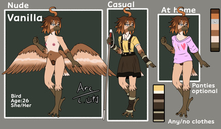 anthro arm_warmers armwear back_wings beak biped blind bottomless bottomless_anthro bottomless_female bottomwear breasts brown_body brown_hair clothed clothing disability female footwear genitals hair nipples non-mammal_nipples non-mammal_vulva nude off/on pubes shirt shirt_only skirt small_breasts solo suspenders talon_hands topwear topwear_only vulva walking_stick white_eyes wings arc_rose vanilla_(arcrose) avian bird digital_drawing_(artwork) digital_media_(artwork) hi_res model_sheet
