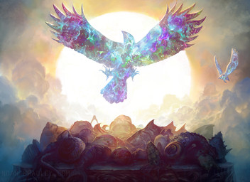 altar ambiguous_gender backlighting duo feet feral flying light outside shell silhouette sky star sun talons toes noah_bradley hasbro magic:_the_gathering wizards_of_the_coast aquatic avian bird cephalopod coleoid decapodiform fish mollusk hi_res lighting official_art