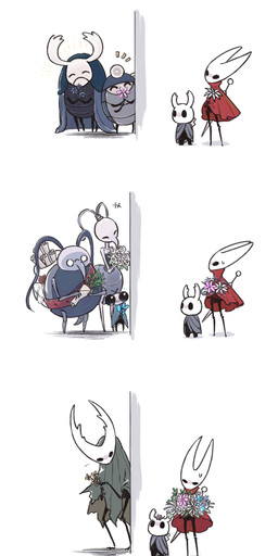 2_horns ambiguous_gender antennae_(anatomy) arthropod_abdomen biped black_body black_eyes black_text blue_flower bodily_fluids cloak clothing eyes_closed eyewear flower glasses group holding_flower holding_melee_weapon holding_object holding_weapon horn looking_at_another melee_weapon mouth_closed orange_flower pink_flower plant red_cloak red_clothing simple_background standing sweat sweatdrop text weapon white_background white_flower muffin_vermeer hollow_knight:_silksong hollow_knight_(franchise) team_cherry cornifer_(hollow_knight) elderbug_(hollow_knight) hollow_knight_(character) hornet_(hollow_knight) iselda_(hollow_knight) myla_(hollow_knight) sly_(hollow_knight) the_knight_(hollow_knight) arthropod vessel_(species) 2025 absurd_res english_text hi_res