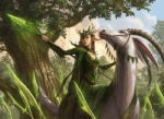 dan_scott deer detailed_background duo elf female feral forest glowing_weapon hasbro horn humanoid magic magic:_the_gathering magic_user mammal melee_weapon nature official_art outside plant polearm riding shaman spear straddling tree tribal_spellcaster unknown_species weapon wizards_of_the_coast