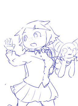 alternate_species backpack bottomwear breasts clothed clothing duo female floating freckles fully_clothed hair horn humanized long_ears noseless open_mouth school_uniform skirt smile uniform wings o-den bibi_(o-den) demon human mammal blue_and_white monochrome