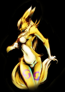 anthro biped black_background breasts chest_tuft female fur genitals markings nipples simple_background solo standing tail tuft turning unsigned vulva white_body white_fur yellow_body yellow_fur stranillafennebi bandai_namco digimon canid canine digimon_(species) mammal renamon 2011 low_res