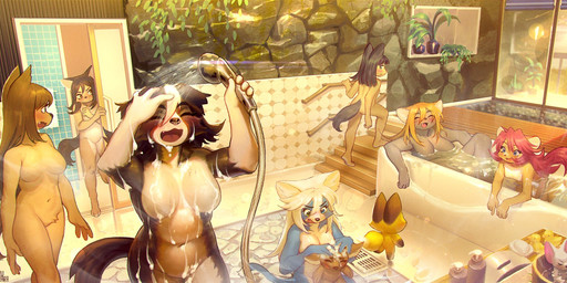 4_fingers anthro assisted_bathing bangs bare_back barefoot bath bathhouse bathing bathroom bathtub belly big_breasts biped black_body black_eyebrows black_fur black_hair black_nose black_tail blonde_hair blue_body blue_eyes blue_fur blue_tail blush breasts brown_body brown_fur brown_hair brown_tail butt casual_nudity cheek_tuft detailed_background embarrassed eyebrows eyes_closed facial_tuft featureless_breasts featureless_crotch feet female fingers fluffy fluffy_tail fur gloves_(marking) grey_body grey_fur group hair happy heterochromia holding_object inner_ear_fluff inside kemono kneeling leg_markings lens_flare light long_hair looking_aside looking_at_another looking_back lying markings medium_breasts multicolored_body multicolored_fur multicolored_tail naturally_censored navel nude on_back on_one_leg open_mouth open_smile orange_hair partially_submerged paws pink_eyes pink_hair pink_tail pink_tongue plant plant_pot potted_plant pubic_mound public_bath reclining red_hair red_tail relaxing shower sitting size_difference small_breasts smile snout soap social_nudity socks_(marking) standing steam sunlight tail tan_body tan_fur teeth tongue tuft two_tone_body two_tone_fur walking water wet wet_body wet_fur white_belly white_body white_fur white_hair white_tail window yellow_body yellow_fur yellow_tail young aruurara chloe_(aruurara) hashimoto-chan momo_(aruurara) navel_(aruurara) canid canine canis domestic_cat domestic_dog felid feline felis mammal 2017 2018 digital_media_(artwork) hi_res signature