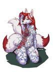 anthro breasts female front_view green_eyes hair inner_ear_fluff kneeling looking_at_viewer multi_tail navel nude nude_anthro nude_female red_hair simple_background solo tail tuft white_background white_tail foxovh canid canine fox mammal 2025 digital_media_(artwork) hi_res