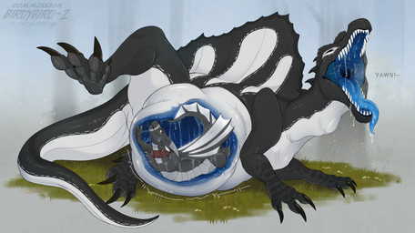 belly big_belly bodily_fluids claws collar drooling duo endosoma feet feral foot_focus glowing glowing_wings grass hindpaw horn internal male male/male mouth_shot open_mouth organs paws plant safe_vore saliva saliva_on_tongue saliva_string scutes sharp_teeth simple_background size_difference slime stomach tail talons teeth tired toes vore wings yawn santanahoffman european_mythology mythology destiny_(destinyisbed) sorrel_(sorrelbirdy) dinosaur dragon mythological_creature mythological_scalie prehistoric_species reptile saurischian scalie spinosaurid spinosaurus theropod western_dragon hi_res