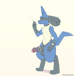 accessory anthro balls big_balls big_penis biped black_body black_fur blue_body blue_fur cigarette cock_ring collar collar_only erection foreskin front_view fur genitals humanoid_genitalia humanoid_penis jewelry looking_away male multicolored_body multicolored_fur nude partially_retracted_foreskin penis penis_accessory penis_jewelry red_eyes simple_background smoking smoking_cigarette solo spiked_cock_ring spiked_collar spikes standing tan_body tan_fur yellow_background dabelette nintendo pokemon generation_4_pokemon lucario pokemon_(species) 2023 absurd_res hi_res