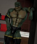 anthro armwear blue_eyes bulge clothed clothing leaning legwear looking_at_viewer male muscular muscular_anthro muscular_male rings_on_arms rings_on_legs solo lizard reptile scalie 3d_(artwork) digital_media_(artwork) source_filmmaker_(artwork)