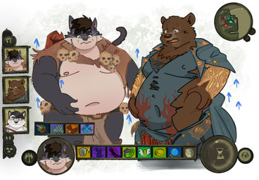 4_fingers anthro areola armor barazoku belly big_belly black_body black_fur black_hair bone bottomwear brown_body brown_fur chest_tuft clothed clothing description druid duo expansion eye_scar eyebrow_piercing facial_piercing facial_scar fangs fingers flustered fondling fur growth hair holding_belly loincloth looking_at_self looking_down love_handles magic magic_user male male_anthro moobs muscular muscular_anthro muscular_male navel nipples obese obese_anthro obese_male open_mouth overweight overweight_anthro overweight_male piercing rapid_weight_gain robe scar self_fondle shirt simple_background skull standing tail tearing_clothing teeth thick_thighs topwear torn_clothing torn_shirt torn_topwear tribal_spellcaster tuft weight_gain whiskers jamiephut baldur's_gate baldur's_gate_3 hasbro larian_studios wizards_of_the_coast halsin_(baldur's_gate) kotarocat bear felid feline felis mammal digital_drawing_(artwork) digital_media_(artwork) english_description full-length_portrait hi_res portrait