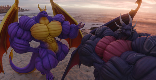 anthro beach big_muscles crossed_arms duo featureless_crotch female huge_muscles hyper hyper_muscles male muscular muscular_female muscular_male outside photo_background striated_muscles anyveon activision spyro_the_dragon cynder spyro humanoid 3d_(artwork) digital_media_(artwork) hi_res photography_(artwork)