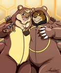 anthro blush brown_body brown_eyes brown_fur claws clothed clothing cosplay duo fangs fur green_eyes hair kigurumi male male/male neck_tuft onesie open_mouth overweight overweight_male simple_background smile smiling_at_viewer teeth tuft zipper shadesflame nintendo pokemon lepidusdelsol_(character) mocha_latte_love bear generation_2_pokemon lagomorph leporid mammal pokemon_(species) rabbit teddiursa digital_media_(artwork) hi_res