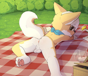 3_toes anthro anus apple backsack balls banana basket bedding biped blanket blue_kerchief blue_neckerchief blush blush_lines brown_eyes brown_nose butt closed_smile container detailed_background eyebrows eyelashes eyewear feet fingers food fruit fur genitals glasses glistening glistening_eyes grass hair hindpaw inner_ear_fluff kerchief looking_at_viewer looking_back looking_back_at_viewer lying male male_anthro mostly_nude mostly_nude_anthro mostly_nude_male mouth_closed multicolored_body multicolored_fur multicolored_tail neckerchief neckwear on_front outside pawpads paws perineum picnic_basket pink_anus pink_pawpads plant raised_tail rear_view rectangular_glasses smile smiling_at_viewer solo tail toes tuft two_tone_body two_tone_fur wearing_glasses white_balls white_body white_eyebrows white_fur white_hair white_inner_ear_fluff white_perineum white_tail yellow_body yellow_fur yellow_tail young young_anthro young_male givemeapaw riggles canid canine canis domestic_dog herding_dog mammal pastoral_dog welsh_corgi 2024 digital_drawing_(artwork) digital_media_(artwork) hi_res