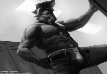 abs anthro belt biceps biped body_hair bottomwear bulge chest_tuft clothed clothing fur hairy happy_trail hat headgear headwear horn locker locker_room male muscular muscular_anthro muscular_male nipples pants pecs police pose solo standing topless tuft underwear undressing uniform cureboltium rufferstuff bovid bovine cape_buffalo mammal digital_media_(artwork) monochrome