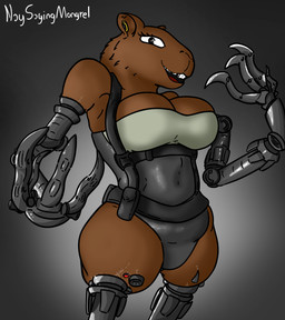 4_artificial_limbs anthro breasts buckteeth claws cleavage clothed clothing cybernetic_limb cybernetics disability female harness leotard looking_at_viewer machine prosthetic prosthetic_arm prosthetic_leg prosthetic_limb scar simple_background slightly_chubby solo teeth naysayingmongrel capybara caviid cyborg mammal rodent hi_res