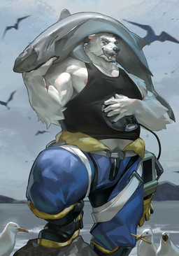 5_fingers body_hair boots bottomwear claws clothing eyebrows fangs fingers fishing footwear fur happy_trail looking_at_viewer male nipples outside pants shirt shoes solo tank_top teeth topwear white_body white_fur wball ambient_bird aquatic avian bear bird fish gull lari larid mammal absurd_res hi_res