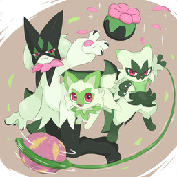 3_fingers 3_toes ambiguous_gender anthro claws evolutionary_family feet feral finger_claws fingers flower_(anatomy) fur green_body green_ears green_fur green_tail group jagged_mouth mask pawpads paws petals pink_eyes pink_nose tail toes trio ylit nintendo pokemon felid feline floragato generation_9_pokemon mammal meowscarada pokemon_(species) sprigatito 2026