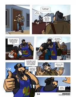 anthro arm_around_shoulders bag biped black_body black_fur bottomwear clothed clothed_anthro clothed_female clothed_male clothing dialogue electronics eyewear female fully_clothed fully_clothed_anthro fully_clothed_female fully_clothed_male fur gesture glasses greeting grey_body grey_fur group hair hand_gesture jacket laugh letterman_jacket male mature_anthro mature_male muscular muscular_anthro muscular_male pants shirt sitting speech_bubble standing tan_body tan_fur tank_top television text thumbs_up topwear trio waving wrist_grab snoopjay2 dan_(snoopjay2) rodney_(snoopjay2) bear bloodhound canid canine canis domestic_dog hunting_dog mammal scent_hound 2026 comic english_text hi_res father_(lore) father_and_child_(lore) father_and_son_(lore) parent_(lore) parent_and_child_(lore) parent_and_son_(lore) son_(lore)
