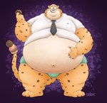 3_toes 4_fingers anthro belly belly_overhang big_belly big_cheeks brown_spots chubby_cheeks claws clothing dessert doughnut feet fingers food fur holding_food holding_object looking_down male male_anthro markings navel necktie obese obese_anthro obese_male overweight overweight_anthro overweight_male pastry shirt smile solo spots spotted_body spotted_fur standing thick_thighs toes topwear underwear whiskers yellow_body yellow_fur stompsyeen disney zootopia benjamin_clawhauser cheetah felid feline mammal digital_media_(artwork) hi_res