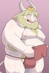 anthro asian_clothing beard belly blush clothing crown east_asian_clothing facial_hair fundoshi headgear horn japanese_clothing kemono long_ears male moobs nipples overweight overweight_male red_clothing red_fundoshi red_underwear simple_background solo underwear white_body 00murice undertale undertale_(series) asgore_dreemurr boss_monster_(undertale) bovid caprine mammal 2021