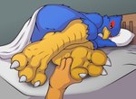 3_toes ambiguous_gender anthro beak bed bed_sheet bedding bedroom blue_body blue_fur butt claws duo eyes_closed feathers feet foot_fetish foot_focus foot_grab fur furniture hug hugging_object hugging_pillow male male/male male_focus nude nude_anthro nude_male oblivious orange_body orange_fur pillow reaching reaching_out sleeping solo solo_focus talons toe_claws toes yellow_beak yellow_feet yellow_legs kiwifizz nintendo star_fox falco_lombardi avian bird falcon falconid cel_shading hi_res shaded