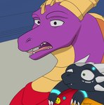 black_body duo female feral green_eyes horn male pink_body purple_eyes scarf teeth tongue wings apollyondragon activision hi-fi_rush microsoft mythology spyro_the_dragon tango_gameworks 808_(hi-fi_rush) chai_(hi-fi_rush) cynder spyro dragon mythological_creature mythological_scalie scalie 2023 crossover digital_drawing_(artwork) digital_media_(artwork) signature