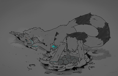 ass_up blue_eyes blue_pawpads blush blush_lines bodily_fluids breath claws covering covering_crotch covering_self egg egg_from_vagina fantasy female feral fluffy fluffy_ears fluffy_tail fur genital_fluids glistening grey_body implying_pose long_ears long_neck long_tail looking_at_viewer lustful_gaze neck_tuft nest nesting offspring outside oviposition panting pawpads paws quadruped simple_background slime solo sticky striped_body striped_fur stripes tail tongue tongue_out tuft vaginal_fluids kemoniko54 fantasy_creature unknown_species greyscale hi_res line_art monochrome