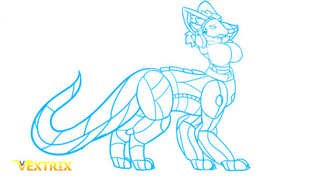 big_ears breasts digitigrade featureless_breasts female fluffy fluffy_chest fluffy_ears machine narrowed_eyes reptile_tail simple_background smile solo spines standing text naelle vextrix mammal protogen taur 16:9 artist_name hi_res line_art monochrome signature widescreen