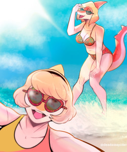 5_fingers accessory aged_up anthro beach bikini bikini_bottom bikini_top bone_frill breasts camera_view cleavage clothed clothing duo eyewear female fingers frill_(anatomy) hair hand_on_leg hand_on_thigh headband holding_eyewear holding_object holding_sunglasses long_hair long_tail navel open_mouth open_smile raised_tail sand seaside selfie simple_background smile snout spiked_tail spikes spikes_(anatomy) standing sunglasses swimwear tail teeth tongue two-piece_swimsuit water young deadassspider cavemanon_studios goodbye_volcano_high ko_op_(game_developer) snoot_game melissa_(snoot_game) naomi_(gvh) dinosaur hadrosaurid ornithischian ornithopod parasaurolophus prehistoric_species reptile scalie colored hi_res daughter_(lore) mother_(lore) mother_and_child_(lore) mother_and_daughter_(lore) parent_(lore) parent_and_child_(lore) parent_and_daughter_(lore)