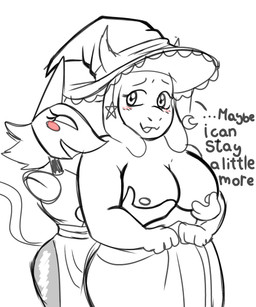anthro big_breasts blush breast_grab breasts clothed clothing dialogue duo female female/female floating_hands fur grabbing_from_behind hand_on_breast hat headgear headwear horn hug hugging_another hugging_from_behind mature_female nipples shy slightly_chubby smile text thick_thighs undressing joalmidon deltarune undertale undertale_(series) tasque_manager toriel boss_monster_(undertale) bovid caprine darkner goat mammal digital_media_(artwork) english_text hi_res monochrome sketch spot_color