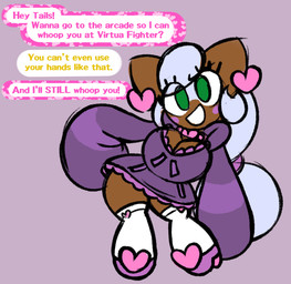anthro big_breasts boots bottomwear breasts clothed clothing dialogue ear_piercing ear_ring female footwear green_eyes hair high_heels long_hair long_sleeves long_sleeves_hood miniskirt piercing ring_piercing shoes skirt smile solo tan_body frostlock sega sonic_the_hedgehog_(series) blush_the_bat bat mammal