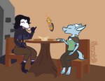 anthro beverage big_breasts big_butt breasts butt container cup duo female non-mammal_breasts simple_background tea tea_cup teapot thick_thighs wide_hips nokamiwd ingrid_the_plague_doctor charop_(nokamiwd) ingrid_(harry_amoros) avian bird corvid corvus_(genus) crow kobold oscine passerine scalie hi_res