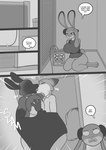 anthro bat big_breasts bottomwear breast_grab breasts canid canine cleavage clothed clothing comic dialogue disney female fox freckles_(artist) french_kissing hand_on_breast huge_breasts judy_hopps kissing lagomorph leporid male male/female mammal monochrome nick_wilde pants rabbit red_fox shirt topwear true_fox zootopia