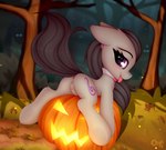 2022 anus black_hair blush butt cutie_mark earth_pony equid equine female feral friendship_is_magic genitals hair hasbro hi_res hooves horse jack-o'-lantern looking_at_viewer looking_back looking_back_at_viewer mammal my_little_pony octavia_(mlp) omiart pony purple_eyes pussy solo tongue tongue_out