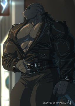 anthro belt biped black_body black_bottomwear black_clothing black_pants black_scales bottomwear clothing detailed_background jacket leather leather_clothing leather_jacket leather_topwear male muscular muscular_anthro muscular_male pants pecs scales solo toony topwear potariel14 godzilla_(series) toho godzilla kaiju 2025 colored detailed hi_res signature