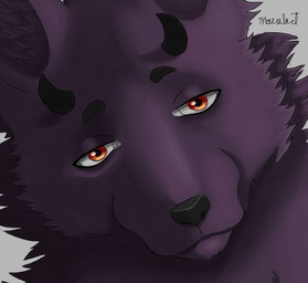aged_up black_eyebrows black_horn black_nose cheek_tuft chin_tuft ear_tuft eyebrows eyeshadow face_focus facial_tuft front_view fur glistening glistening_eyes horn looking_at_viewer makeup male monochrome_body mouth_closed neck_tuft neutral_expression orange_eyes purple_body purple_eyeshadow purple_fur simple_background small_horn solo stare tuft white_background mouselect mythology alex_matsubara canid canid_demon canine canis demon hellhound humanoid mammal mythological_canine mythological_creature wolf digital_drawing_(artwork) digital_media_(artwork) digital_painting_(artwork) icon painting_(artwork)