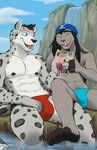 anthro beverage bulge clothing duo eyes_closed hair headgear headwear male male/male muscular open_mouth open_smile outside partially_submerged smile water waterfall spelunker_sal spelunker_sal_(character) tsarin felid feline lagomorph mammal hi_res