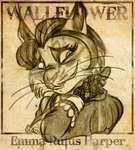 blush border clothing distressed dr_portal female fingerless_gloves gloves handwear profile rubbing_neck shy smile smirk text wanted_poster whiskers wild_west wastedtimeee dungeons_and_dragons hasbro wizards_of_the_coast felid feline lynx mammal hi_res monochrome sepia