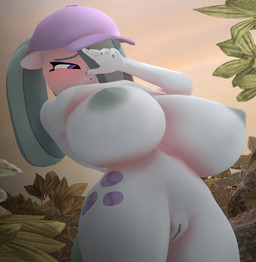anthro areola big_breasts biped blush breasts clothing detailed_background eyelashes female genitals grey_body grey_hair hair hat hat_only headgear headgear_only headwear headwear_only huge_breasts mostly_nude nipples outside pupils purple_clothing purple_eyes solo thick_thighs vulva purplefondue friendship_is_magic hasbro my_little_pony marble_pie_(mlp) equid equine mammal 3d_(artwork) digital_media_(artwork) hi_res