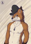 anthro black_nose brown_body brown_eyes brown_fur clothing eyewear fur glasses hat headgear headwear jewelry male necklace smile solo natoli canid canine fox mammal 2022 absurd_res digital_media_(artwork) hi_res