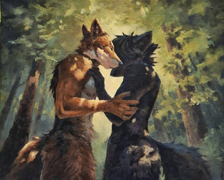 anthro black_body black_fur black_hair black_nose duo eyes_closed forest fur hair hand_on_chest male male_anthro nature_background nude orange_body orange_fur outside plant shrub side_view slim_anthro slim_male standing tree white_body white_fur akatan_art canid canine fox mammal hi_res oil_painting_(artwork) painting_(artwork) traditional_media_(artwork) traditional_painting_(artwork)