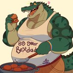 accessory anthro belly belly_overhang biceps big_belly big_muscles blush body_writing bottomwear burger clothed clothing cooking deltoids eating food grill grilling heart_symbol holding_food holding_object huge_belly huge_muscles lgbt_pride male meat moobs multicolored_accessory multicolored_wristband musclegut muscular muscular_anthro muscular_male open_mouth open_smile overweight overweight_anthro overweight_male pansexual_pride_colors pants pecs pride_color_accessory pride_color_wristband pride_colors scales shirt simple_background smile solo spatula standing tank_top teeth text thick_arms thick_thighs tongue tools topwear white_background wristband writing_on_belly razigator alligator alligatorid crocodilian reptile scalie 1:1 2024 english_text hi_res signature