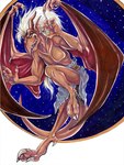 anthro bottomwear clothed clothing featureless_chest hair horn humanoid_pointy_ears loincloth loincloth_only looking_at_viewer male membrane_(anatomy) membranous_wings pointy_ears red_body smile solo topless white_hair wings ocelotfire disney gargoyles brooklyn_(gargoyles) gargoyle scalie traditional_media_(artwork)