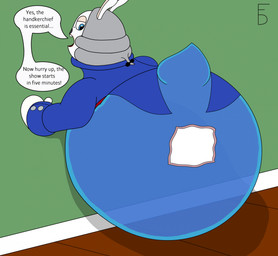 accessory anthro baseboard bent_arm black_bow black_facial_hair black_mustache blue_body blue_clothing blue_eyes blue_suit blue_tail bow_ribbon cloth clothed clothed_anthro clothed_male clothing curly_hair dialogue facial_hair fur green_wall grey_hair hair hair_accessory hair_bow hair_ribbon inside leaning_on_wall legless logo long_ears male male_anthro markings mitten_hands mole_(marking) multicolored_body mustache noseless open_mouth overweight overweight_anthro overweight_male ribbons solo suit tail talking_to_viewer tan_eyelids tan_inner_ear teeth text translucent translucent_body two_tone_body white_body white_fur yelling yelling_at_viewer blazarfruit mario_bros mario_plus_rabbids_kingdom_battle nintendo raving_rabbids rayman_(series) ubisoft phantom_of_the_bwahpera ghost hybrid lagomorph mammal rabbid spirit 2024 artist_logo cel_shading crossover digital_drawing_(artwork) digital_media_(artwork) english_description english_text hi_res shaded