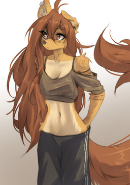 anthro biped bottomwear breasts clothed clothed_anthro clothed_female clothing countershade_torso countershading female front_view fully_clothed fully_clothed_anthro fully_clothed_female fur hair navel piercing simple_background solo standing tail tattoo topwear tinygaypirate apogee_(tinygaypirate) canid canine canis domestic_dog mammal 2026 absurd_res digital_drawing_(artwork) digital_media_(artwork) hi_res