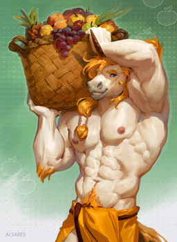 abs anthro areola basket biped blue_eyes clothed clothed_anthro clothed_male clothing container fingers food front_view fruit fruit_basket hair horn looking_at_viewer male muscular muscular_anthro muscular_male navel nipples plant simple_background smile solo standing tail teeth topless topless_anthro topless_male alsares mythology equid equine horse mammal mythological_creature mythological_equine unicorn 2026 digital_drawing_(artwork) digital_media_(artwork) hi_res