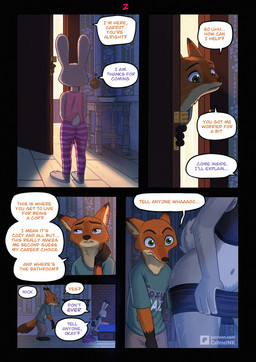 anthro breasts clothed clothing dialogue duo female flat_chested fur green_eyes grey_body grey_fur male male/female orange_body orange_fur purple_eyes removing_pants slim small_breasts small_waist speech_bubble text call_me_ink disney zootopia judy_hopps nick_wilde canid canine european_rabbit fox lagomorph leporid mammal oryctolagus rabbit red_fox true_fox absurd_res comic english_text hi_res url