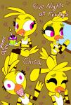 2015 absurd_res animalcomic96 animatronic anthro avian beak bib bird chica_(fnaf) chicken cupcake english_text eyes_closed feathers female five_nights_at_freddy's food galliform gallus_(genus) giggle happy hi_res laugh machine open_beak open_mouth phasianid pink_eyes robot scottgames smile solo text window yellow_body yellow_feathers