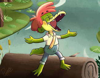 anthro bottomwear clothing eyes_closed green_body hair lily_pad log male open_mouth pants plant red_hair shirt smile solo tail topwear wood young tribalturtle arlo_the_alligator_boy netflix arlo_beauregard alligator alligatorid crocodilian reptile scalie absurd_res hi_res